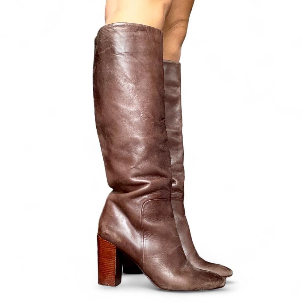 Vintage 70s Style Lands End Mocha Brown Genuine Leather Knee High Boots Size 9.5